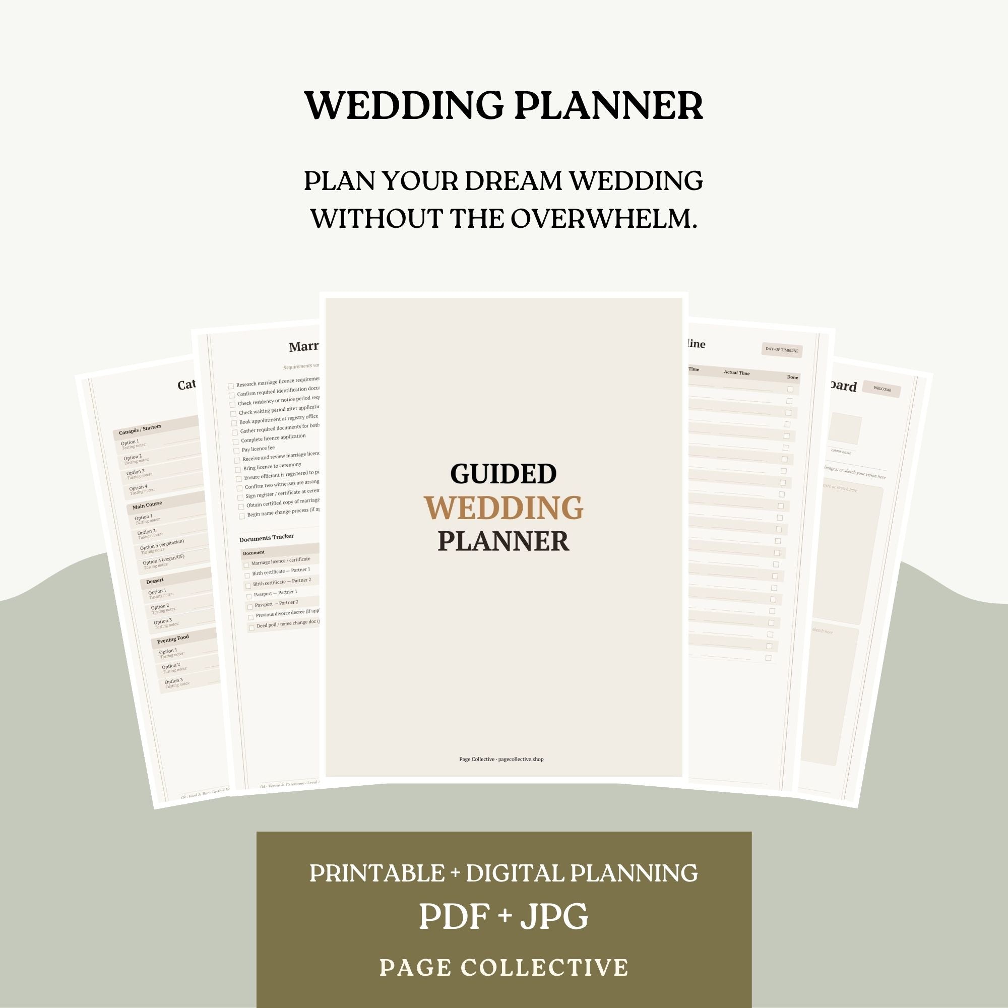 Guided wedding planner with printable and digital options on a light background