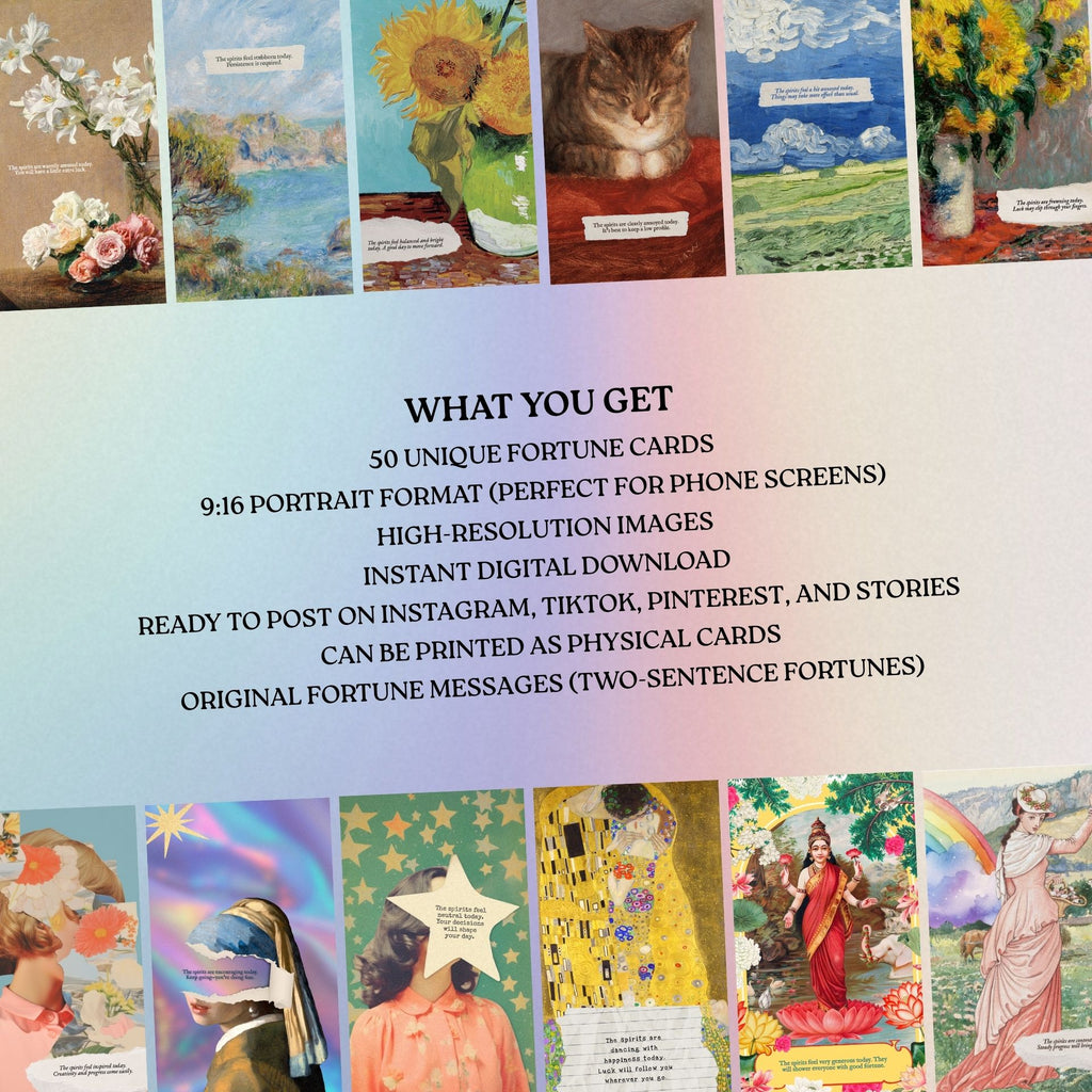 Promotional image of 50 unique fortune cards with various designs and text overlay.