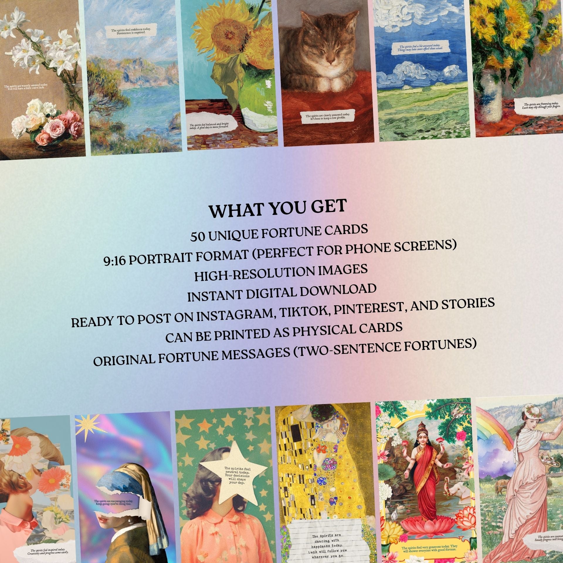 Promotional image of 50 unique fortune cards with various designs and text overlay.