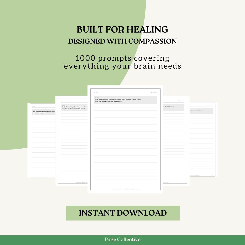 Promotional graphic for a product with text 'Built for Healing, Designed with Compassion' and '1000 prompts covering everything your brain needs'.