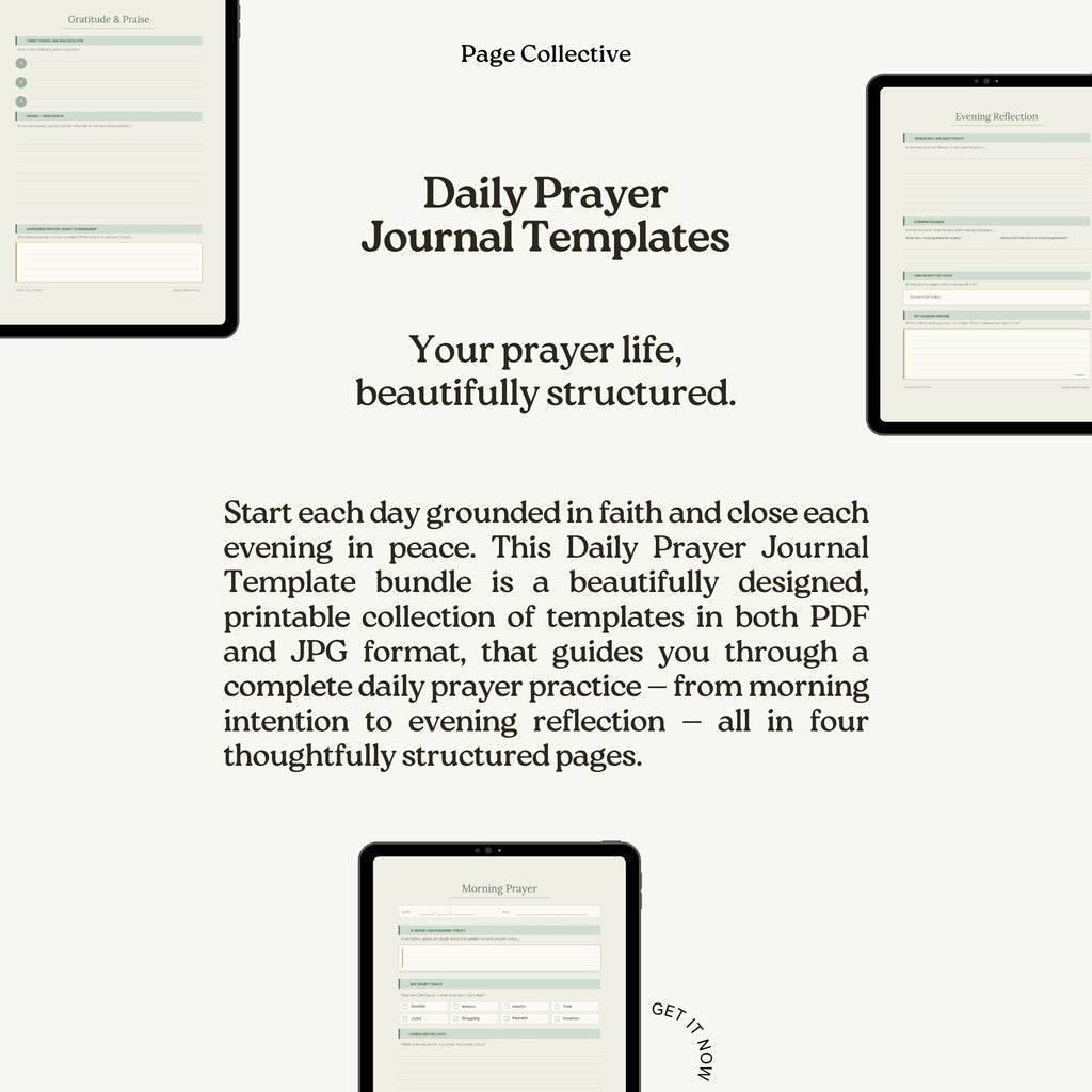 Promotional infographic for Daily Prayer Journal Template Bundle by Page Collective