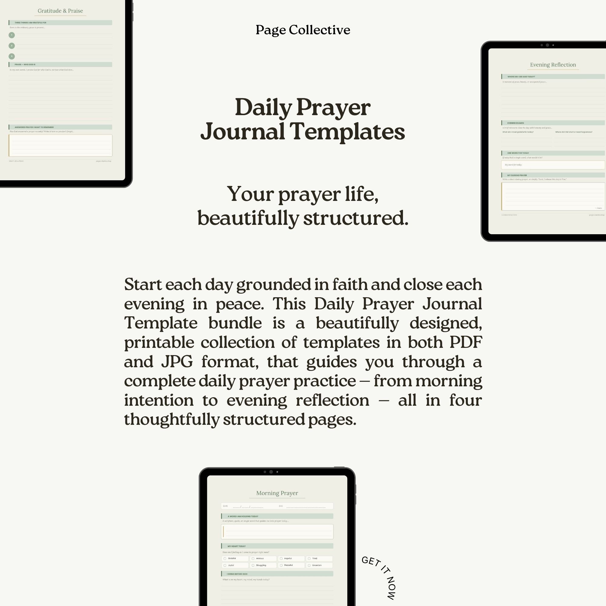 Promotional infographic for Daily Prayer Journal Template Bundle by Page Collective