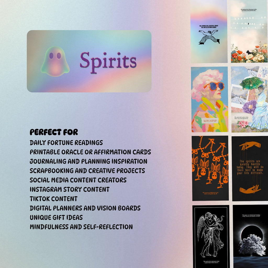 Promotional graphic for 'Spirits' cards with text about their uses and images of the cards.