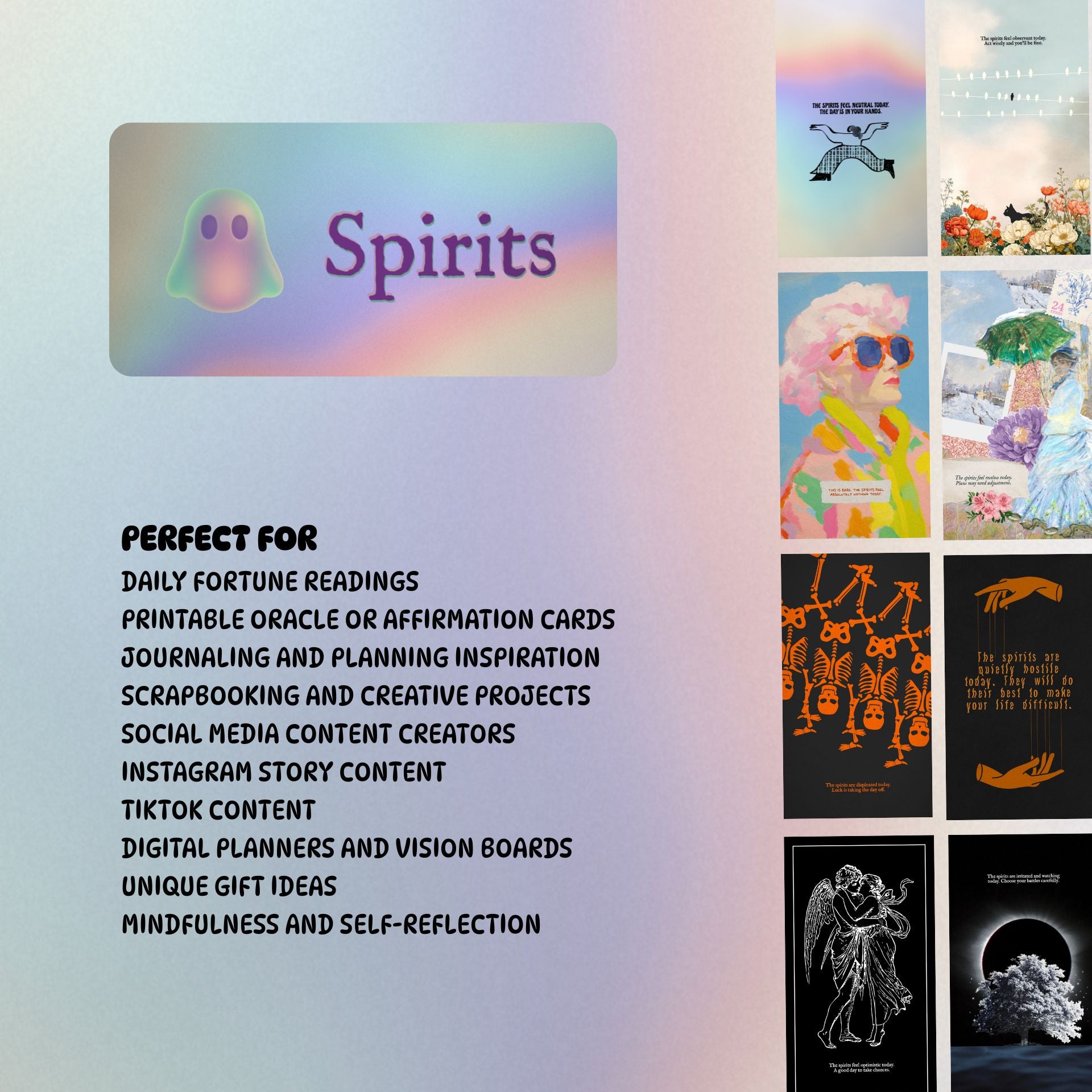 Promotional graphic for 'Spirits' cards with text about their uses and images of the cards.
