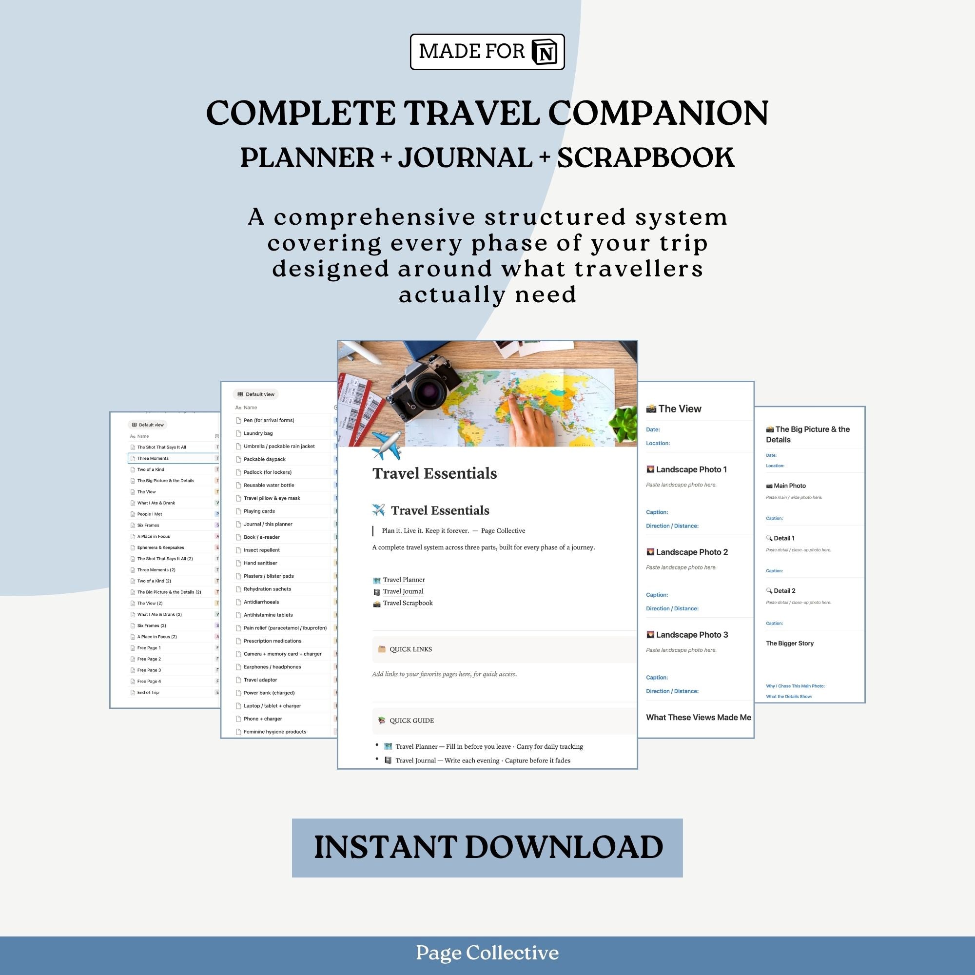 Travel planner, journal, and scrapbook with screenshots on a light blue background