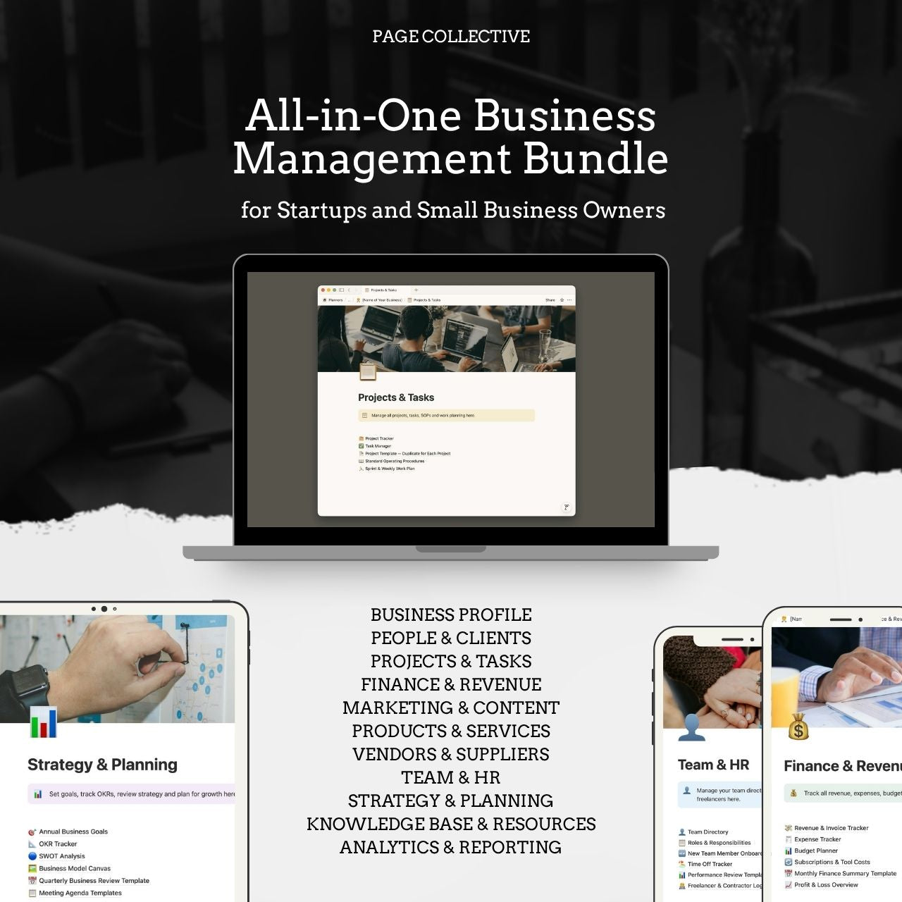 Advertisement for All-in-One Business Management Bundle with laptop and smartphone displaying features.