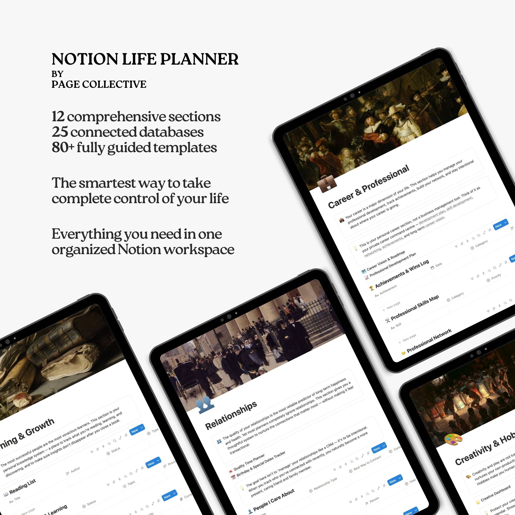 Notion Life Planner by Page Collective with multiple screens showing different sections.