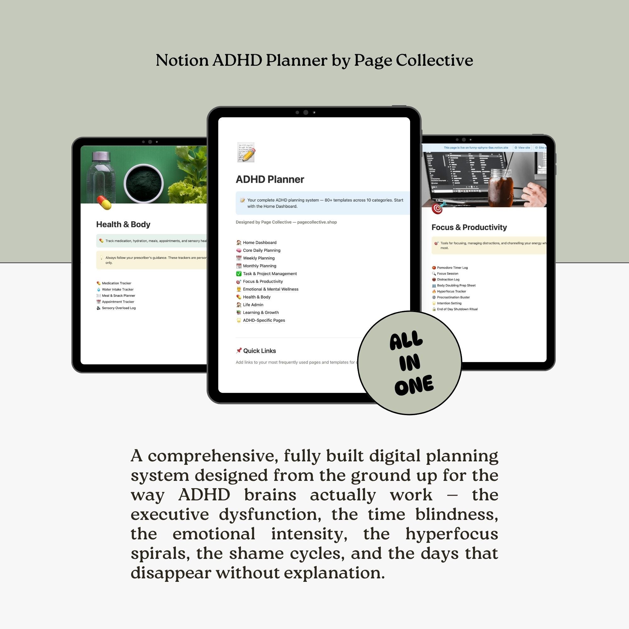 Notion ADHD Planner by Page Collective displayed on tablets with a promotional text overlay.