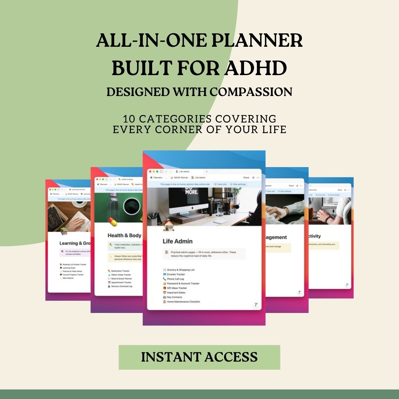 All-in-one planner for ADHD with colorful screens on a beige background