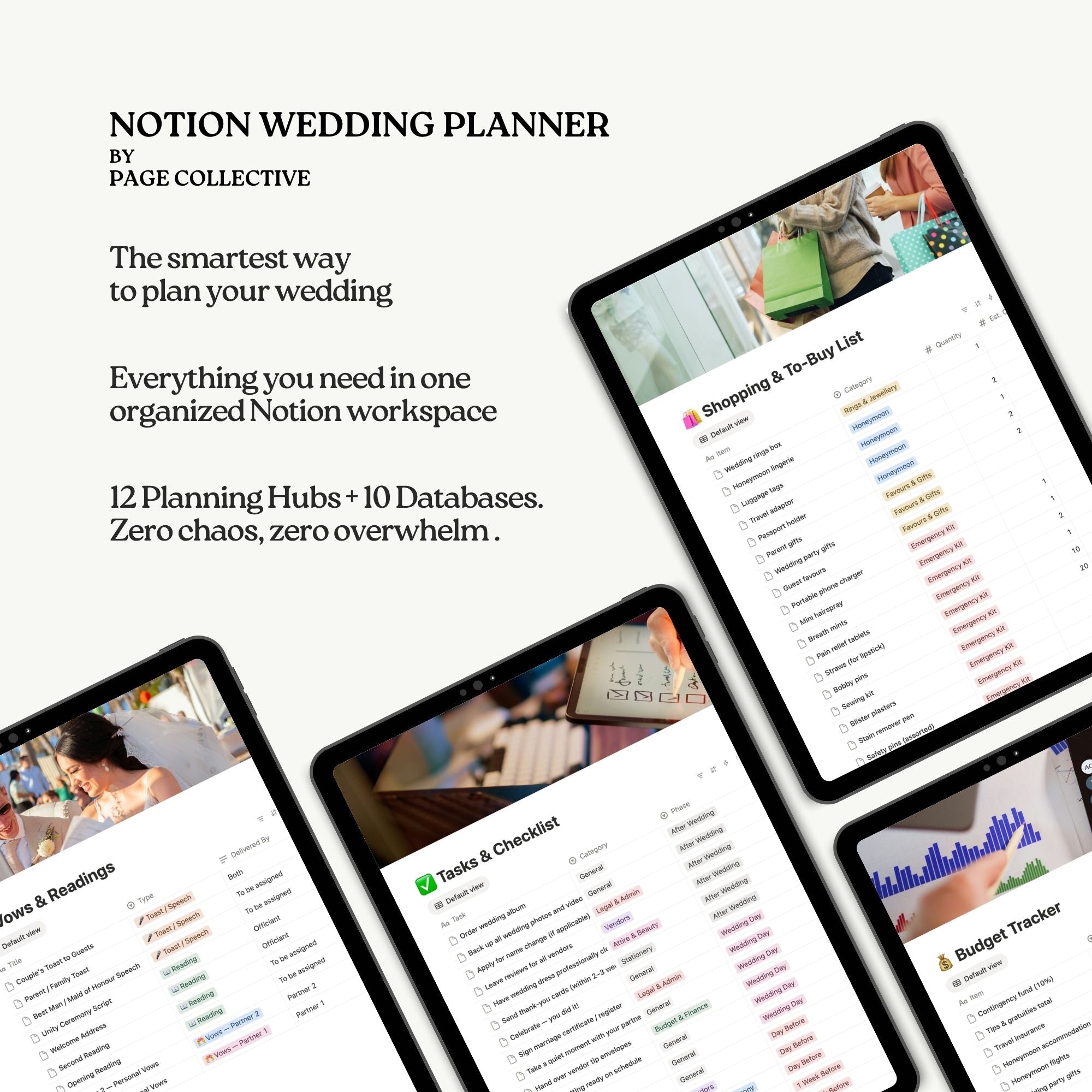 Notion wedding planner by Page Collective with multiple screens showing different planning tools.
