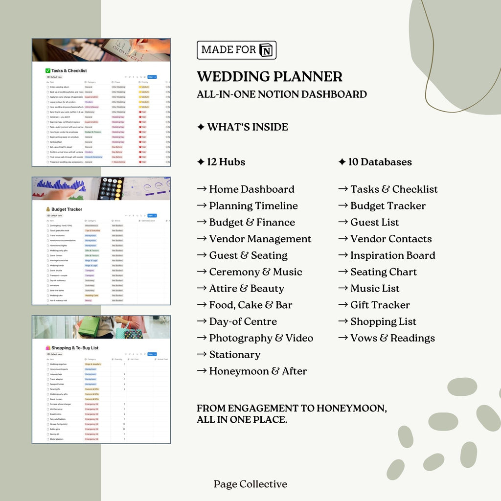 Wedding planner dashboard with various features on a white background