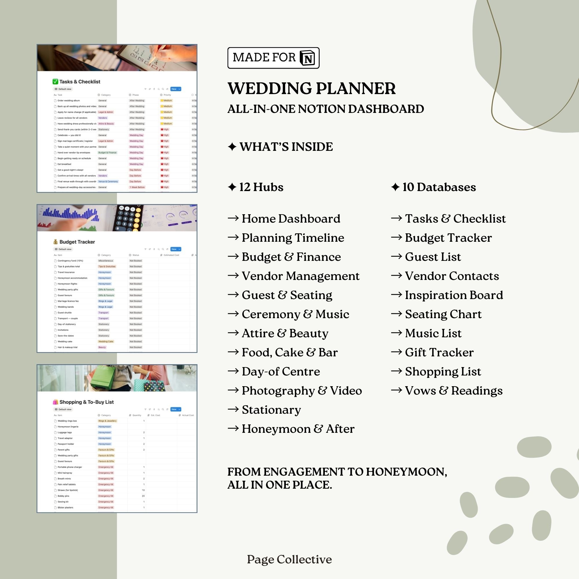 Wedding planner dashboard with various features on a white background