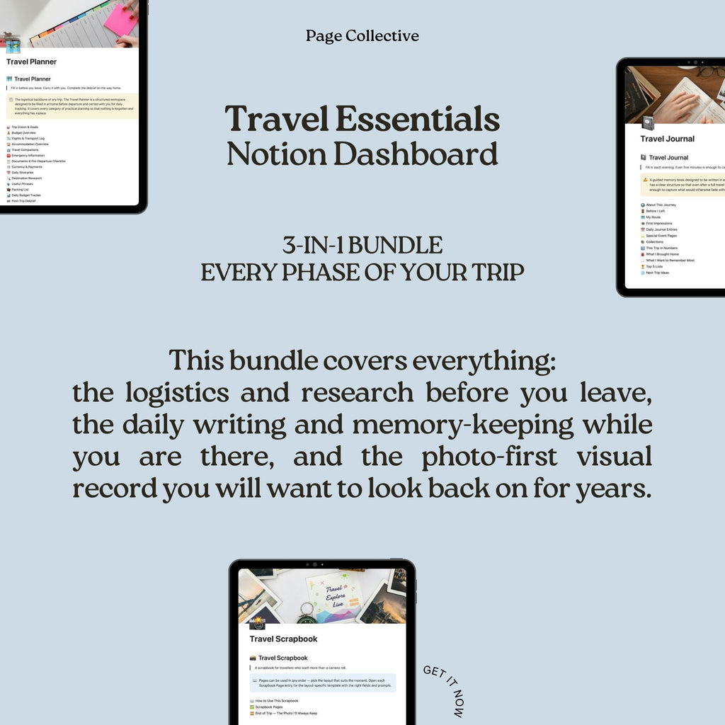 Advertisement for a travel essentials Notion dashboard bundle on a light blue background.