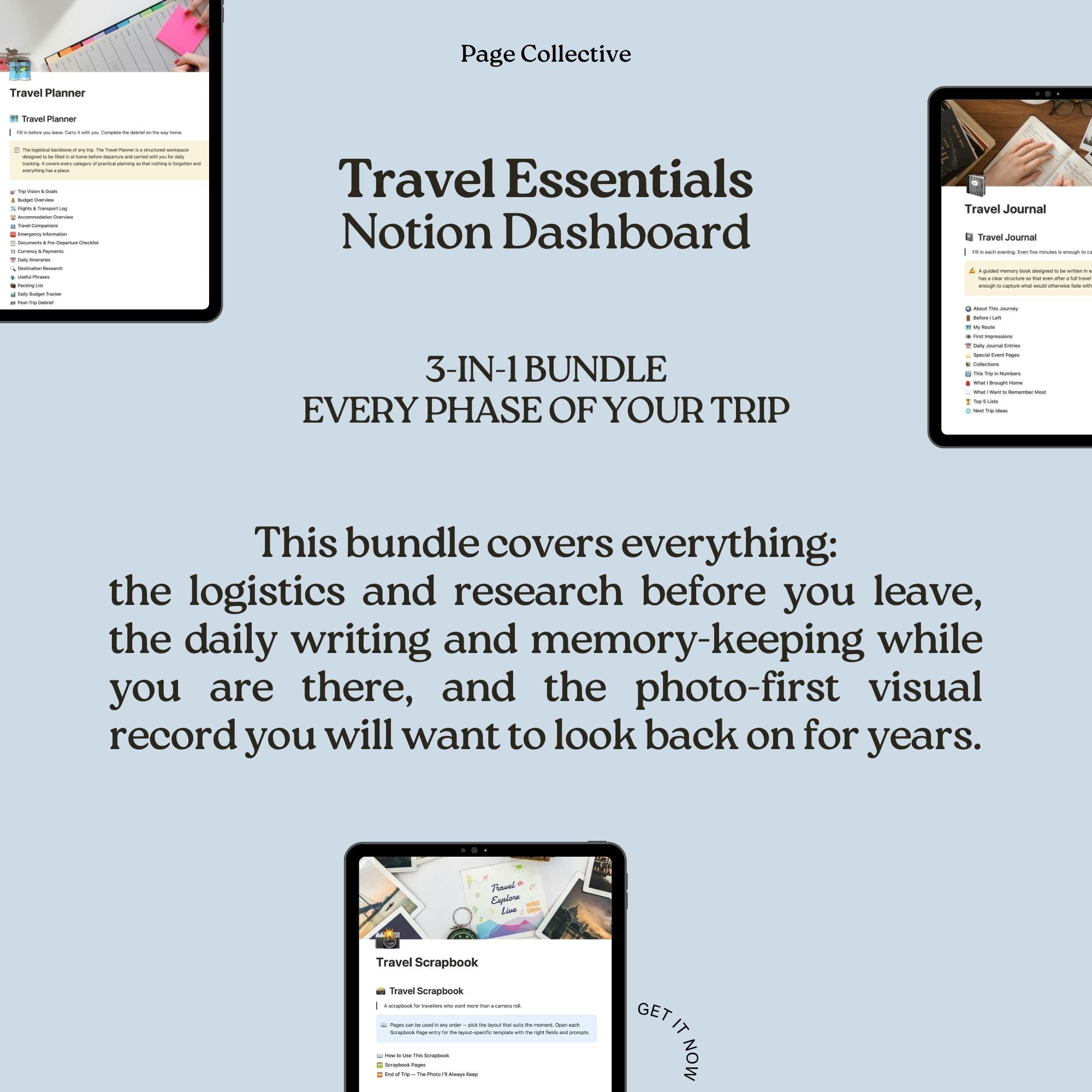 Advertisement for a travel essentials Notion dashboard bundle on a light blue background.