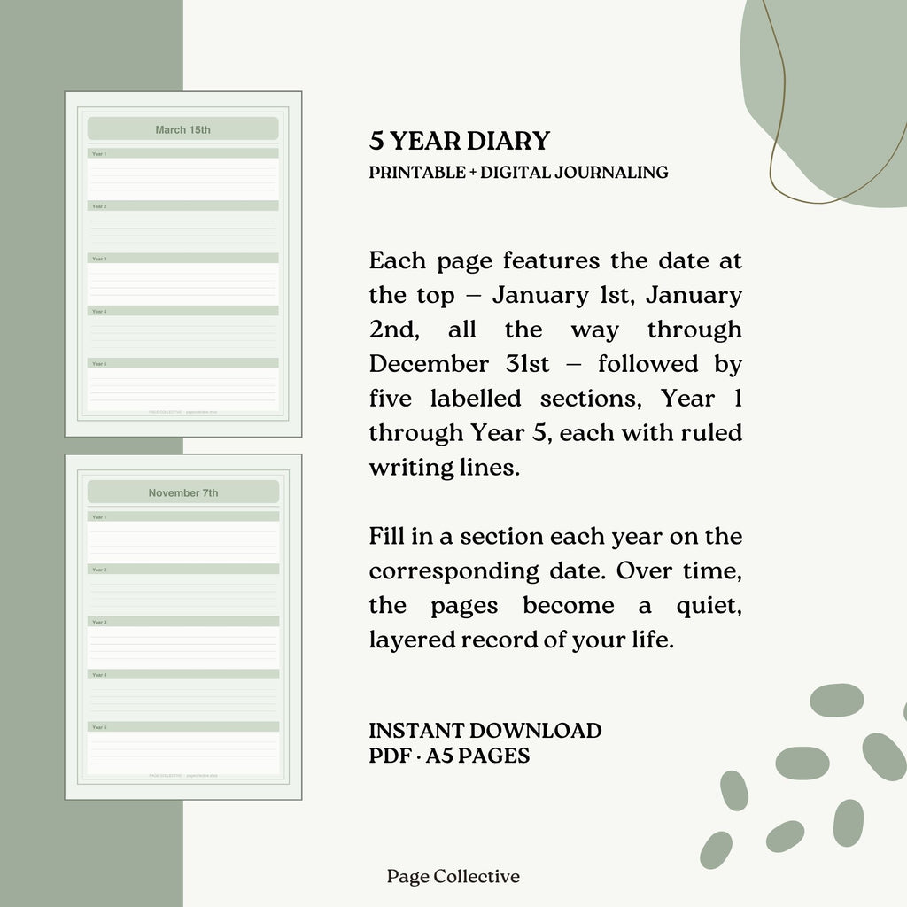 Promotional graphic for a 5-year diary with text and sample pages.