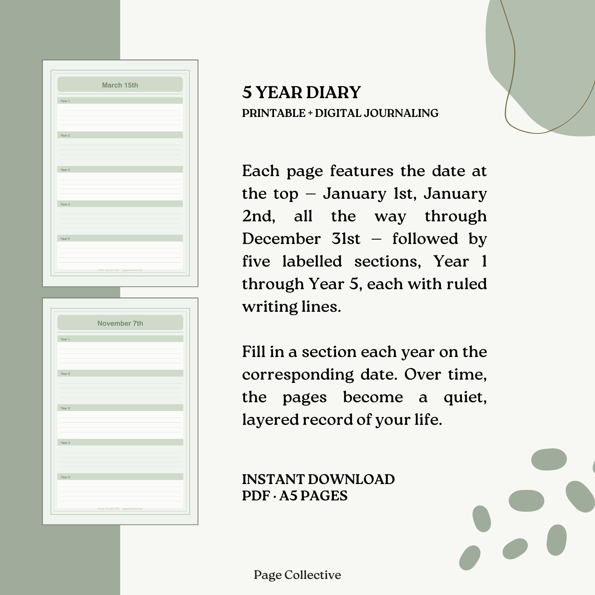 Promotional graphic for a 5-year diary with text and sample pages.