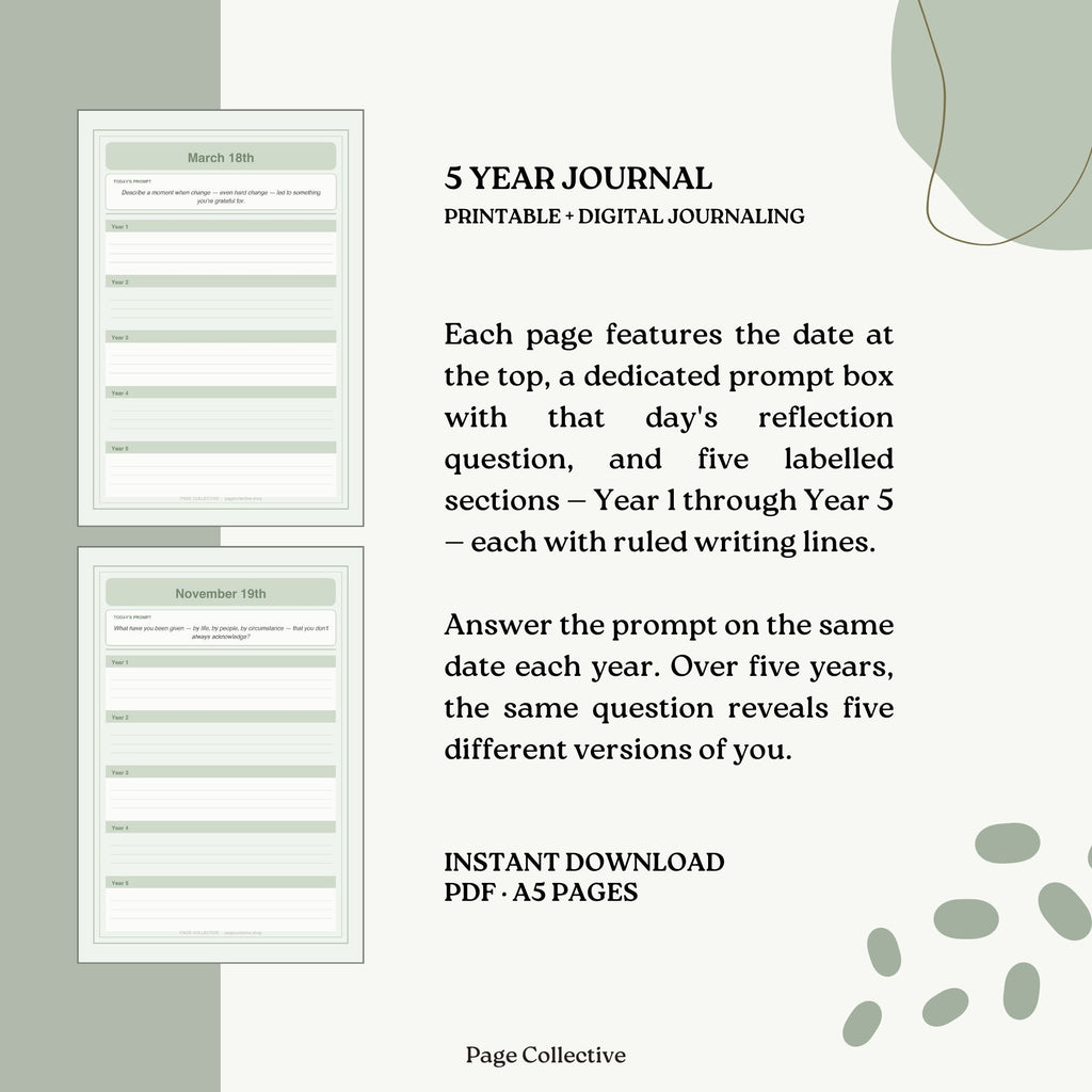 Promotional graphic for a 5-year journal with text and sample pages.