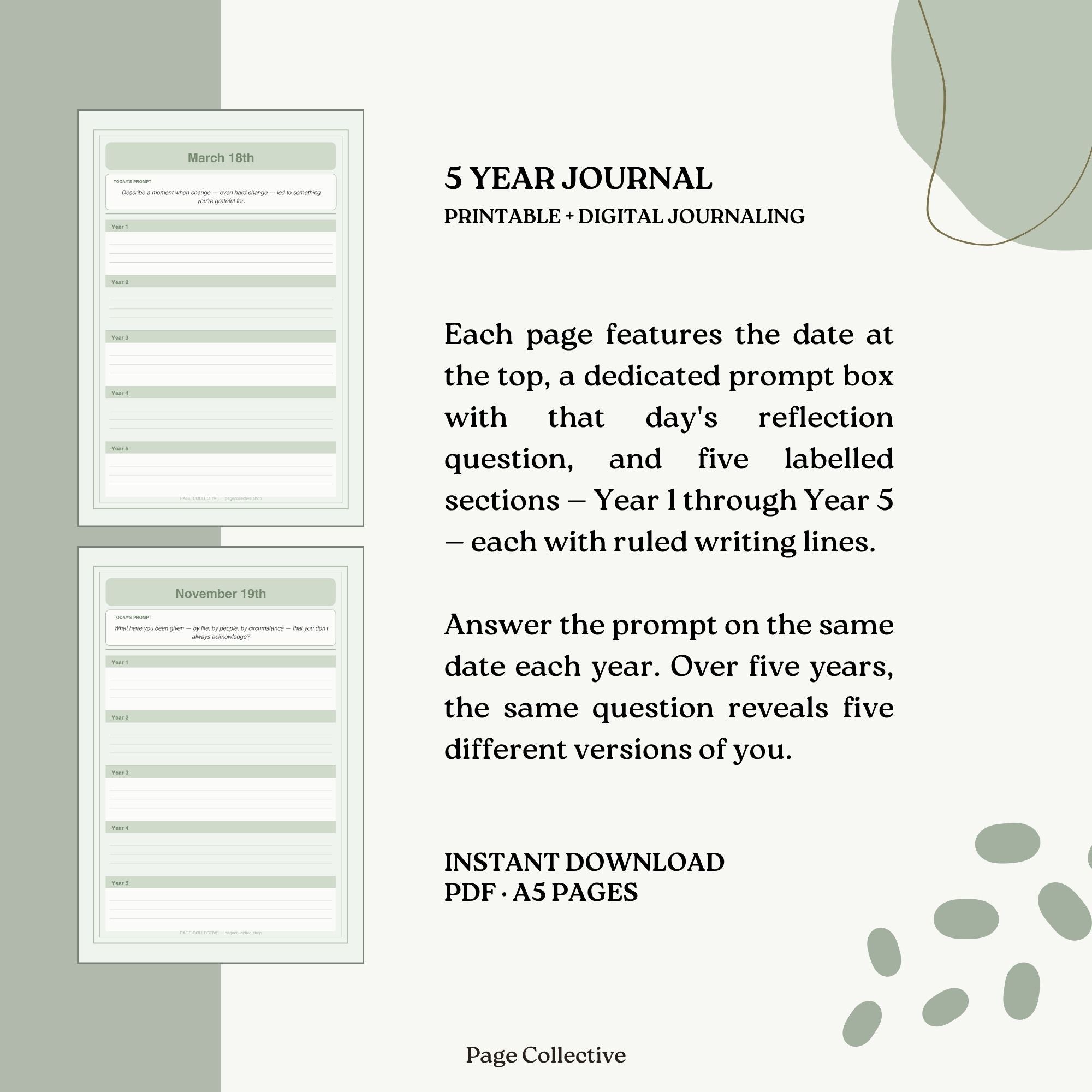 Promotional graphic for a 5-year journal with text and sample pages.