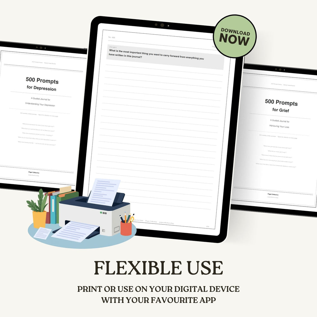 Digital screens displaying text with a printer and stationery items on a white background