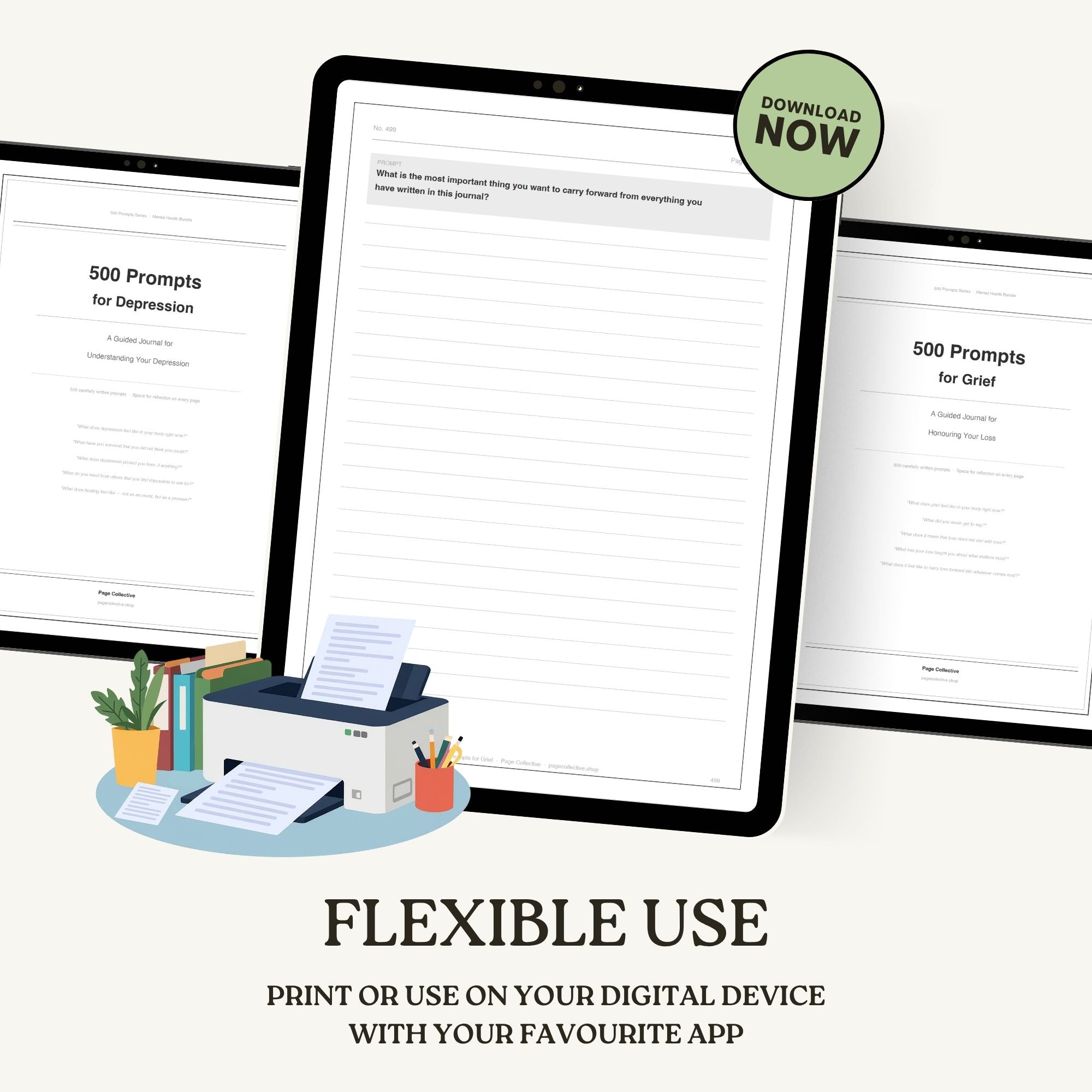 Digital screens displaying text with a printer and stationery items on a white background