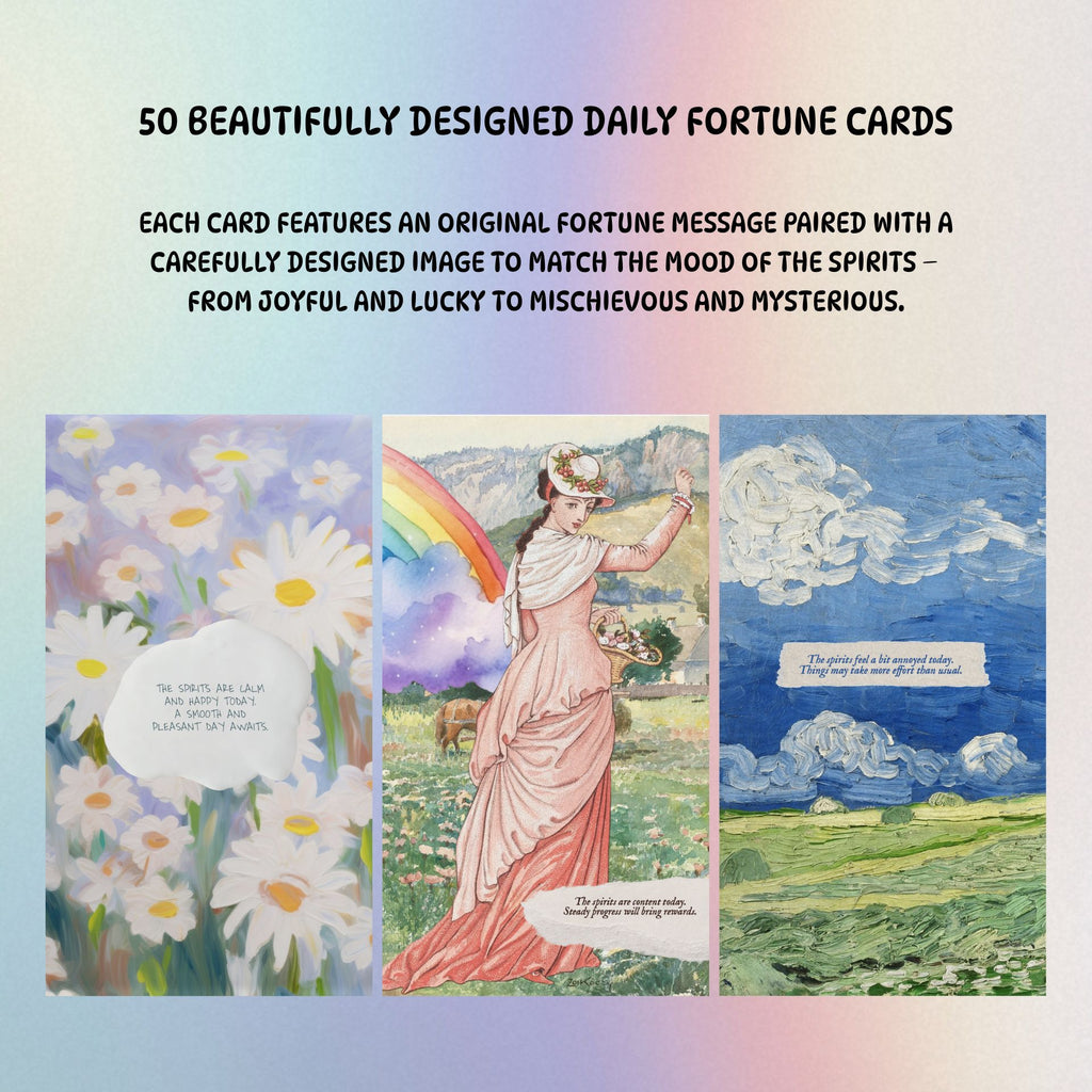 Collage of three illustrated cards with text about daily fortune cards on a gradient background.