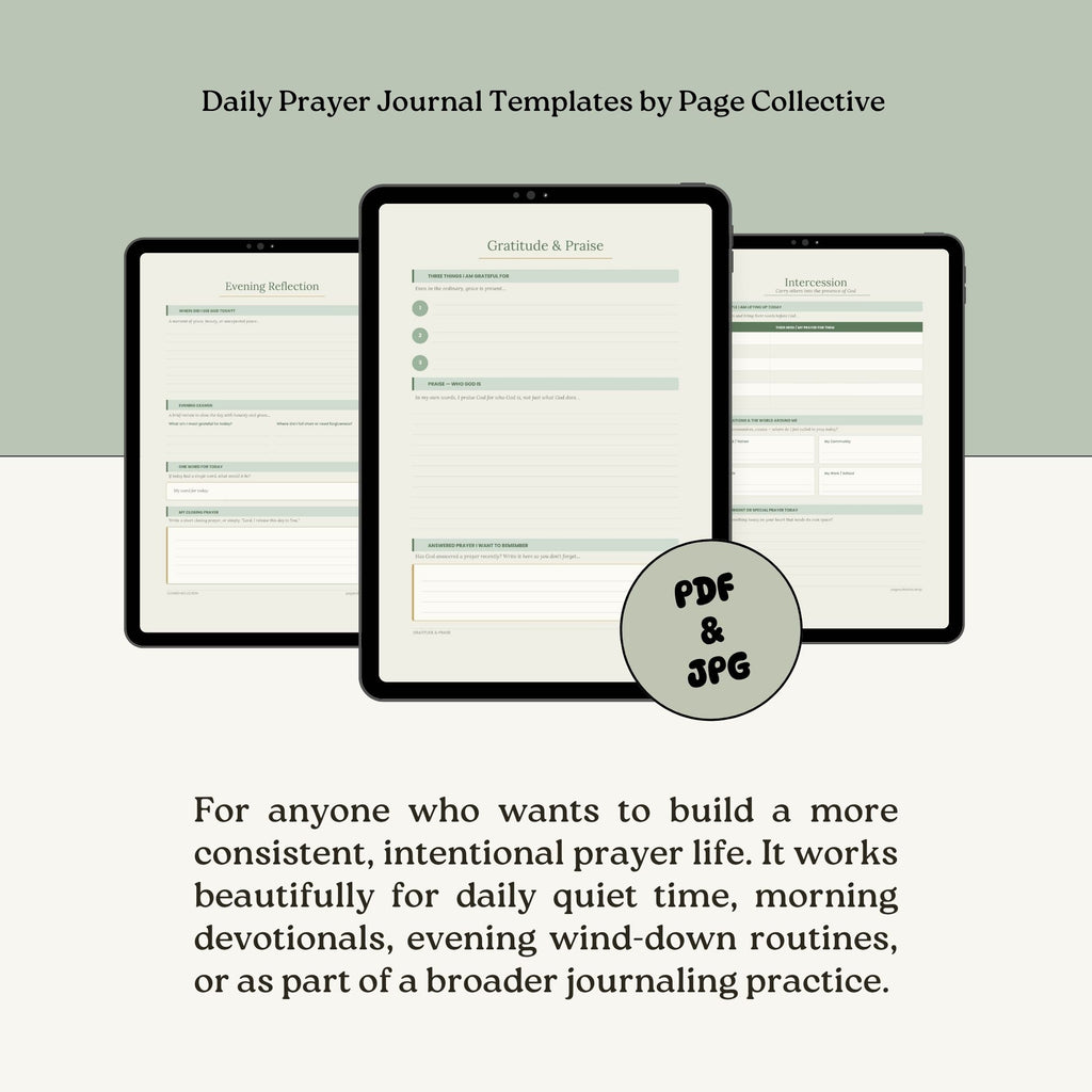 Promotional infographic for Daily Prayer Journal Template Bundle by Page Collective