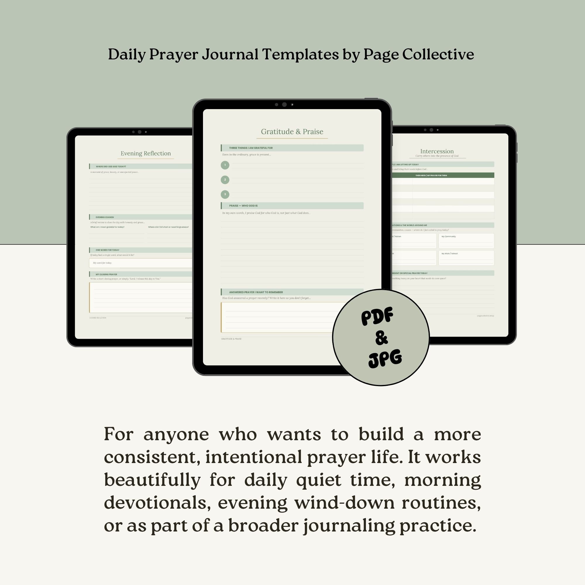 Promotional infographic for Daily Prayer Journal Template Bundle by Page Collective