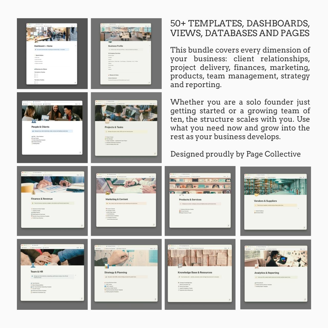 Grid of business templates, dashboards, views, databases, and pages with text about Page Collective's product.