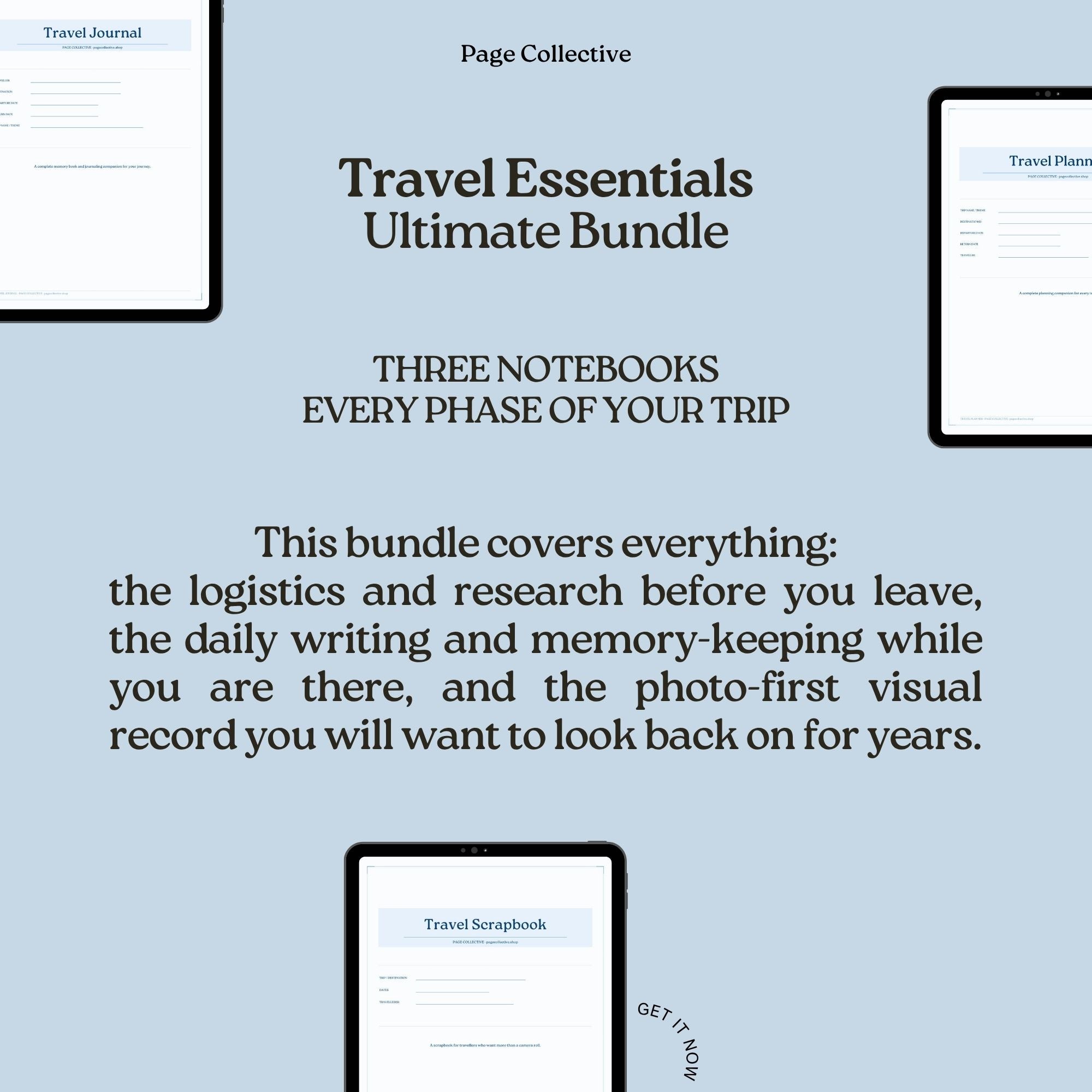 Advertisement for 'Travel Essentials Ultimate Bundle' with text and minimal design elements on a light blue background.