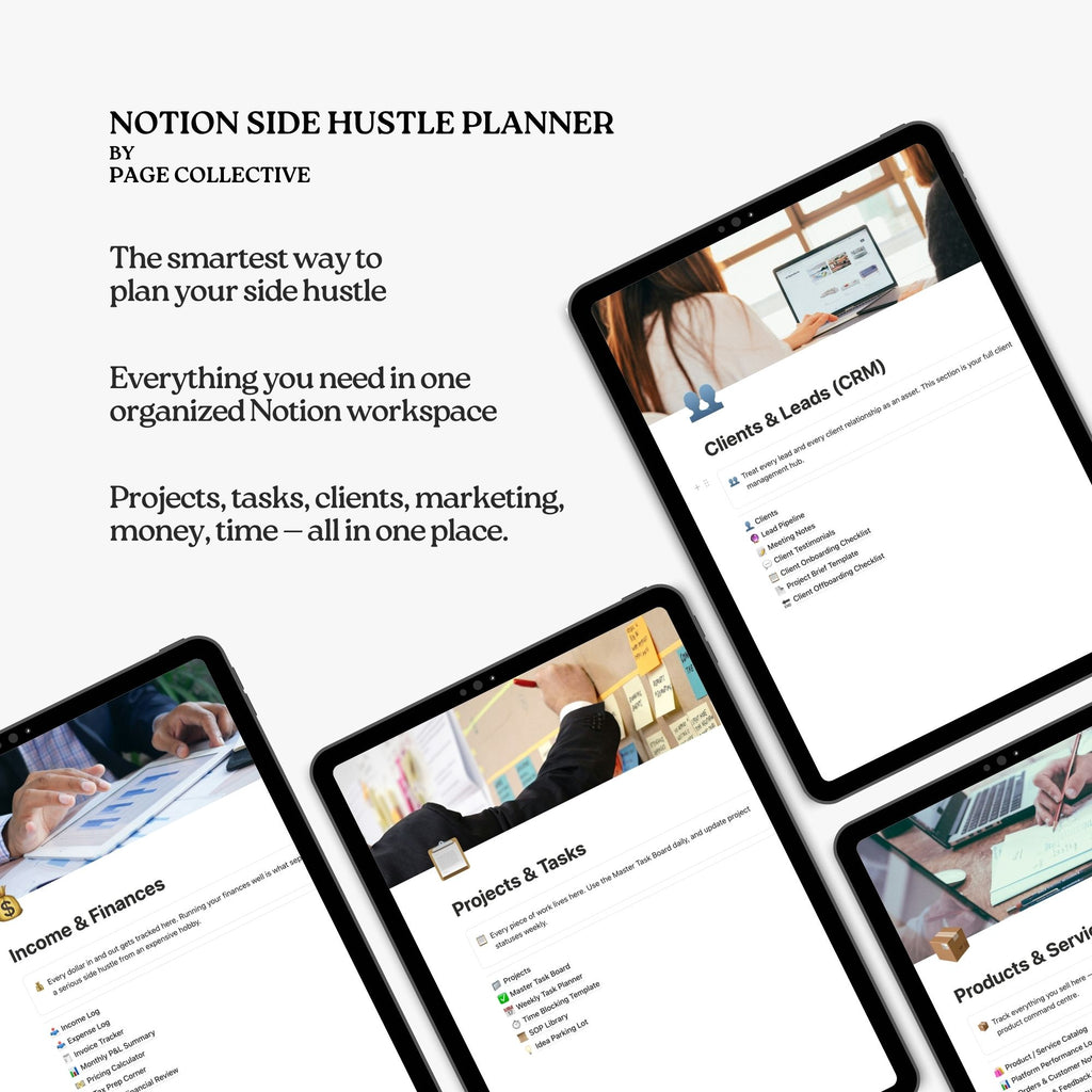 Promotional infographic for Notion Side Hustle Planner by Page Collective