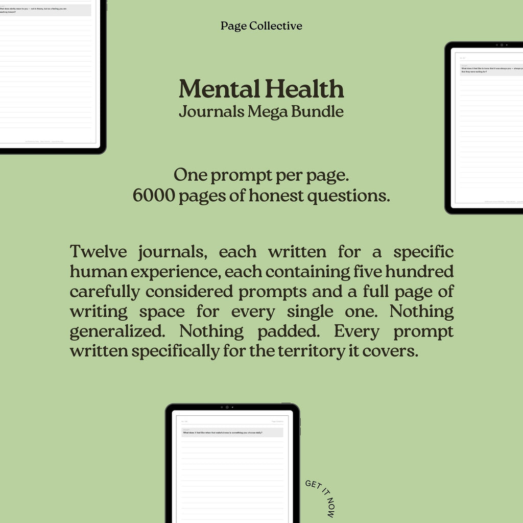 Promotional graphic for 'Mental Health Journals Mega Bundle' with text on a green background.