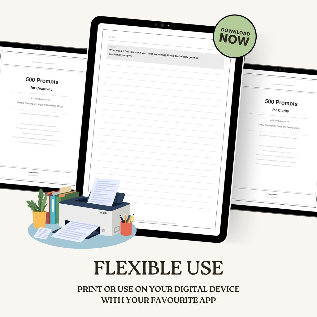 Digital screens displaying text with a printer and stationery items on a white background