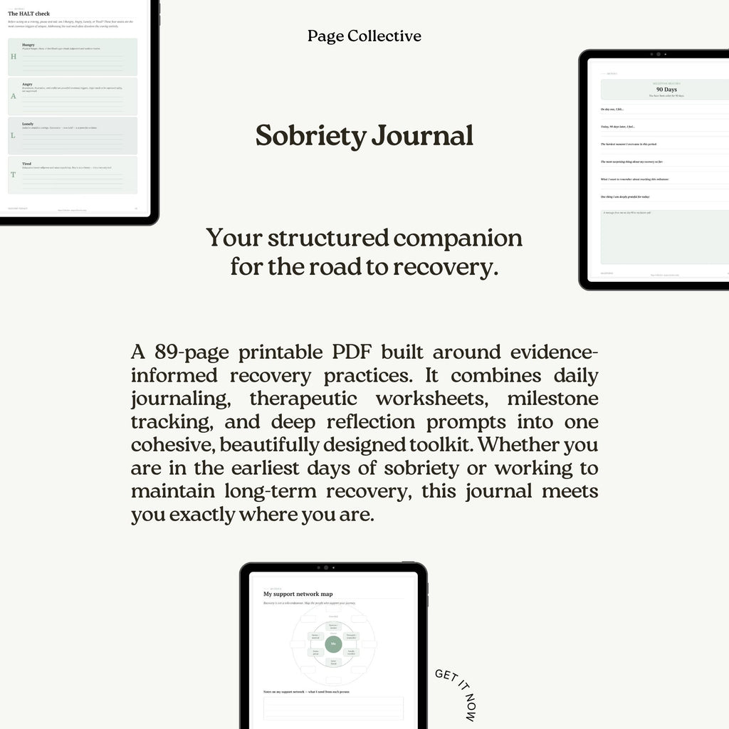 Promotional infographic for Sobriety Journal by Page Collective