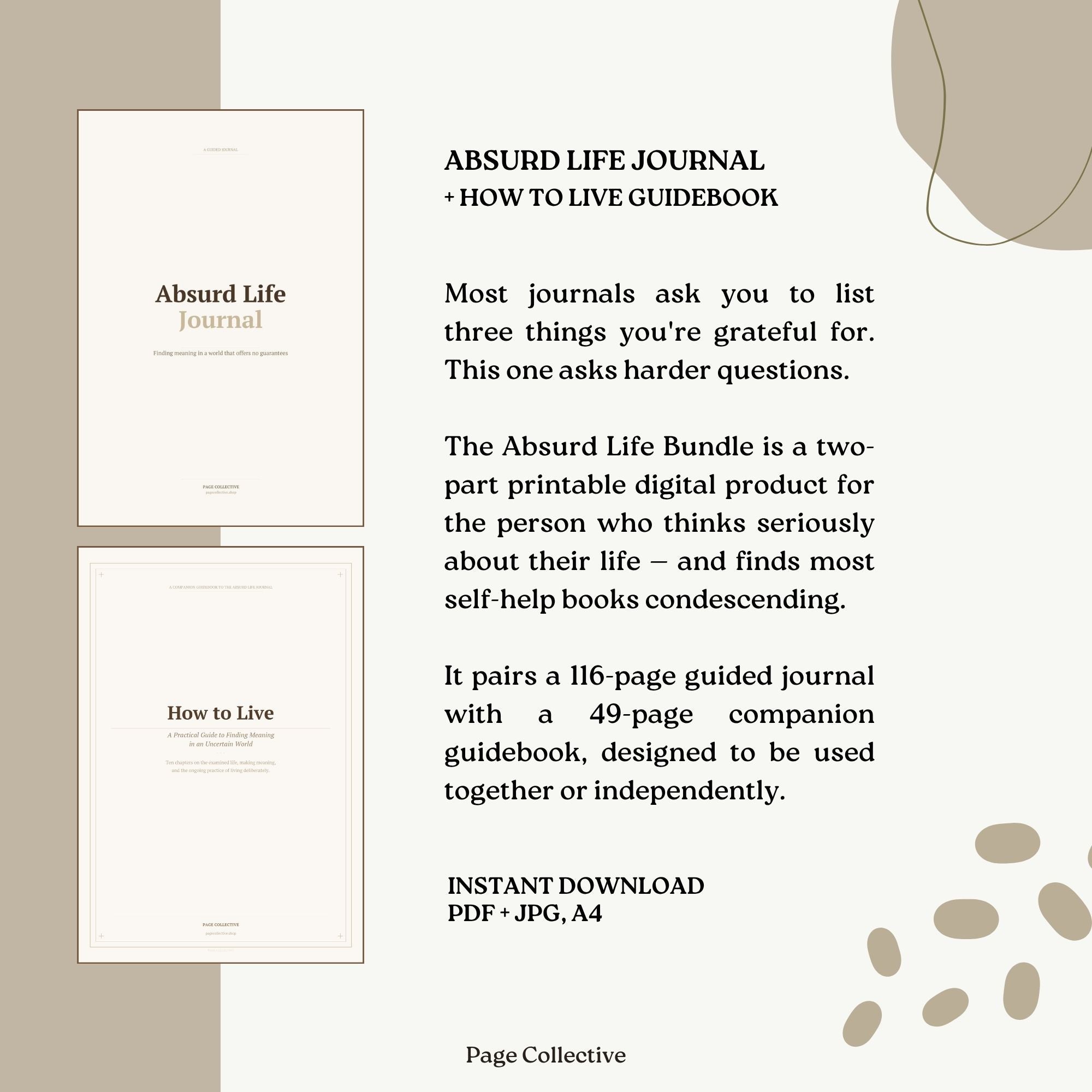 Promotional image of 'Absurd Life Journal' with text on a beige background