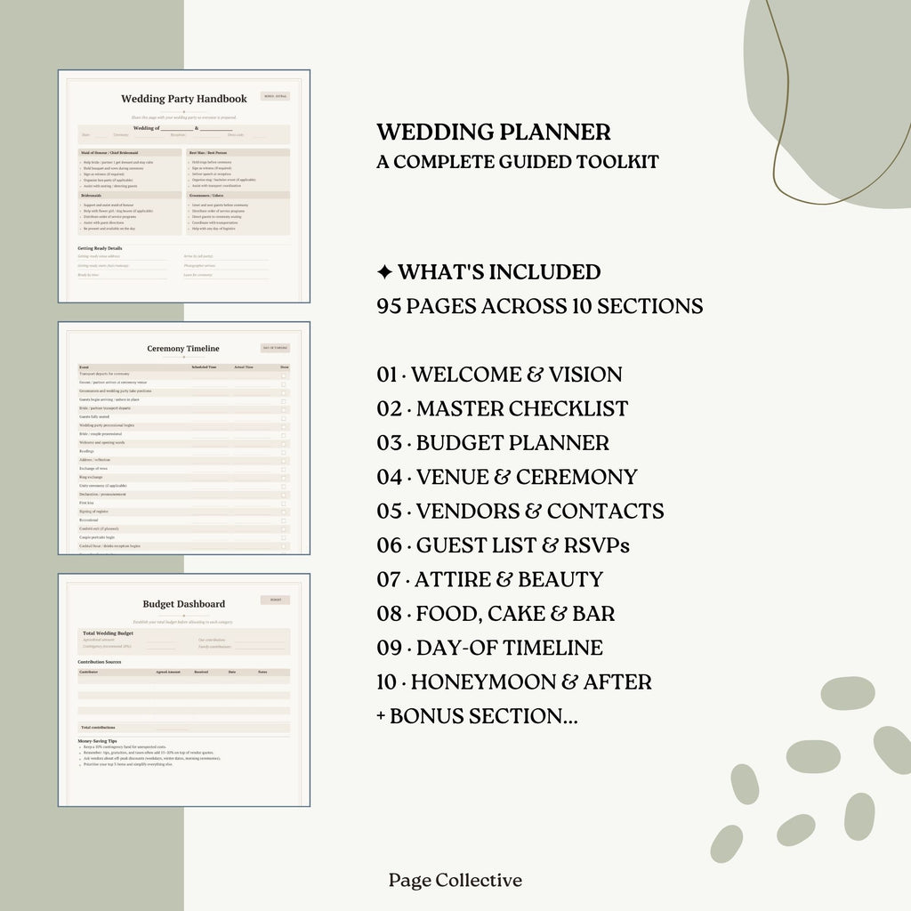 Wedding planner toolkit with sections and included pages on a light background
