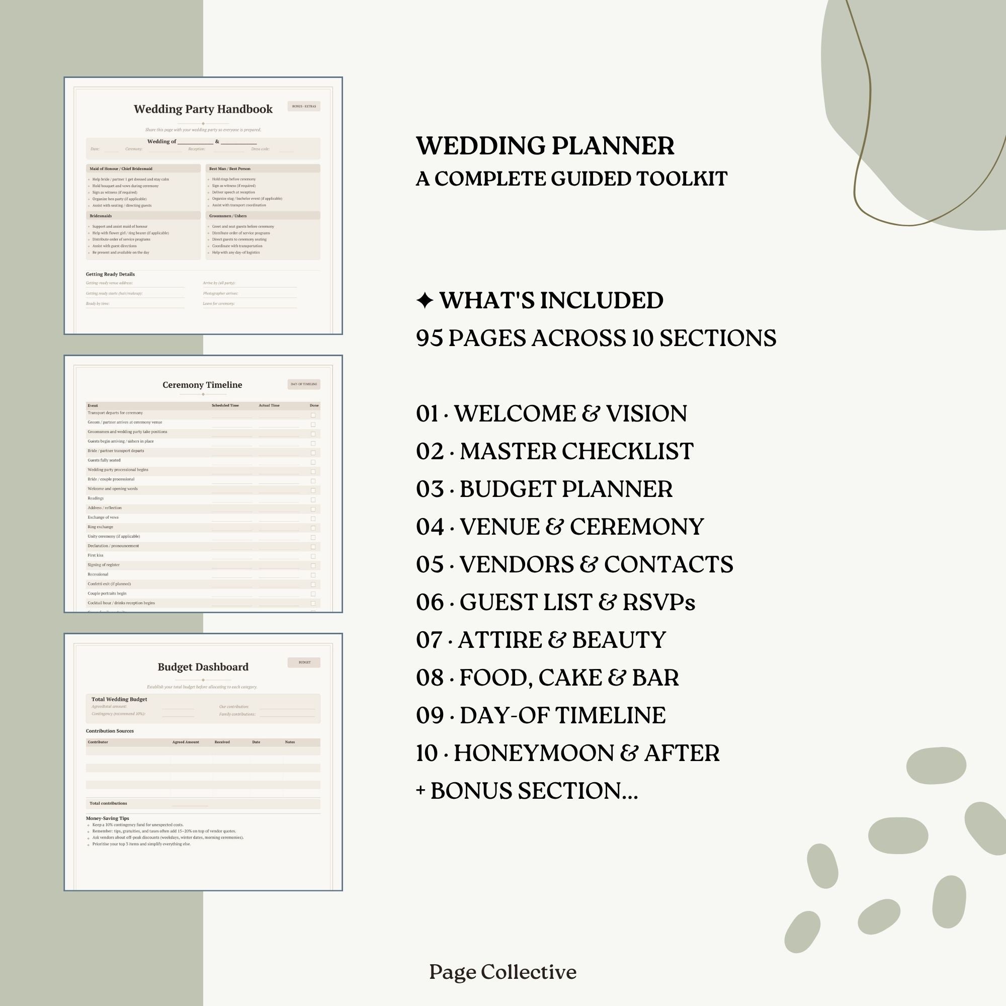 Wedding planner toolkit with sections and included pages on a light background