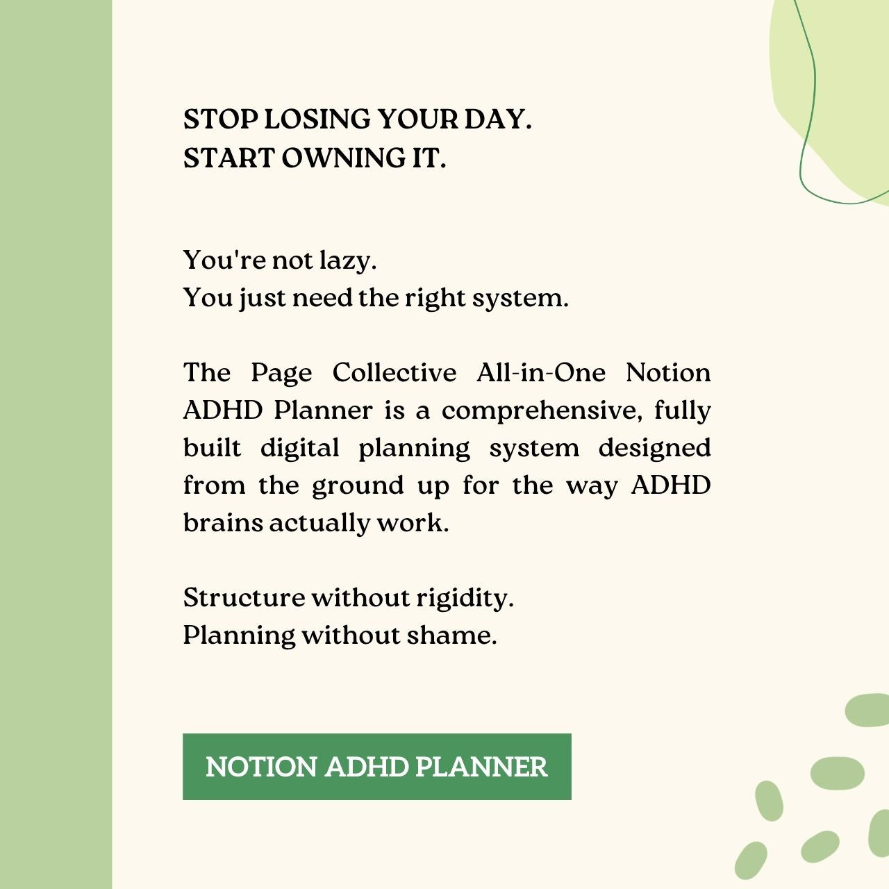 Promotional text for a digital ADHD planner with a green sidebar and white background.