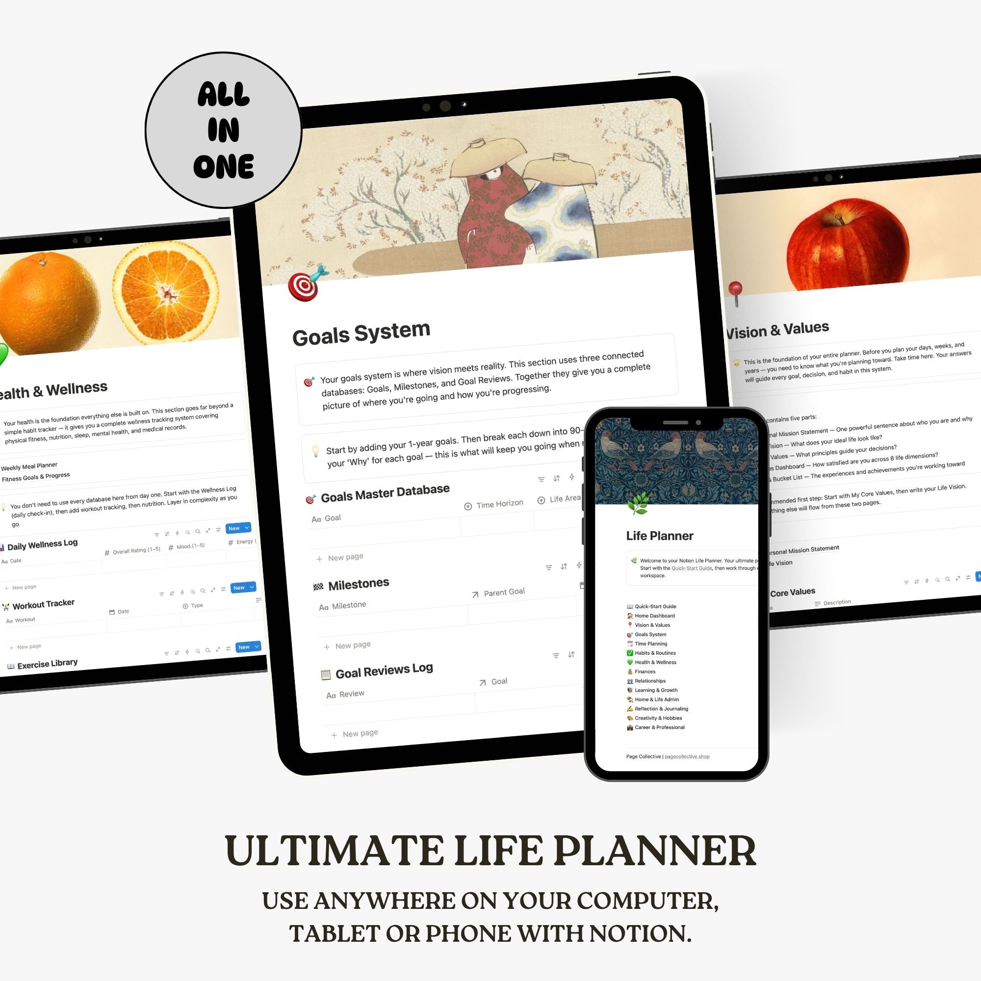 Ultimate Life Planner app interface on tablets and a phone with a white background.