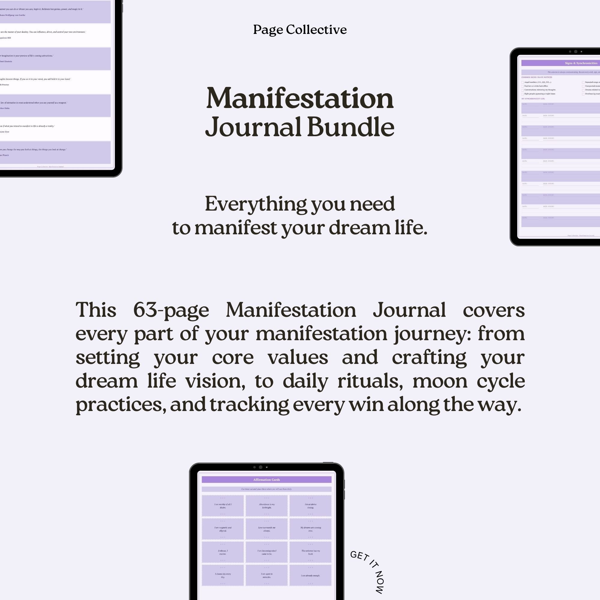 Advertisement for a Manifestation Journal Bundle by Page Collective on a white background.