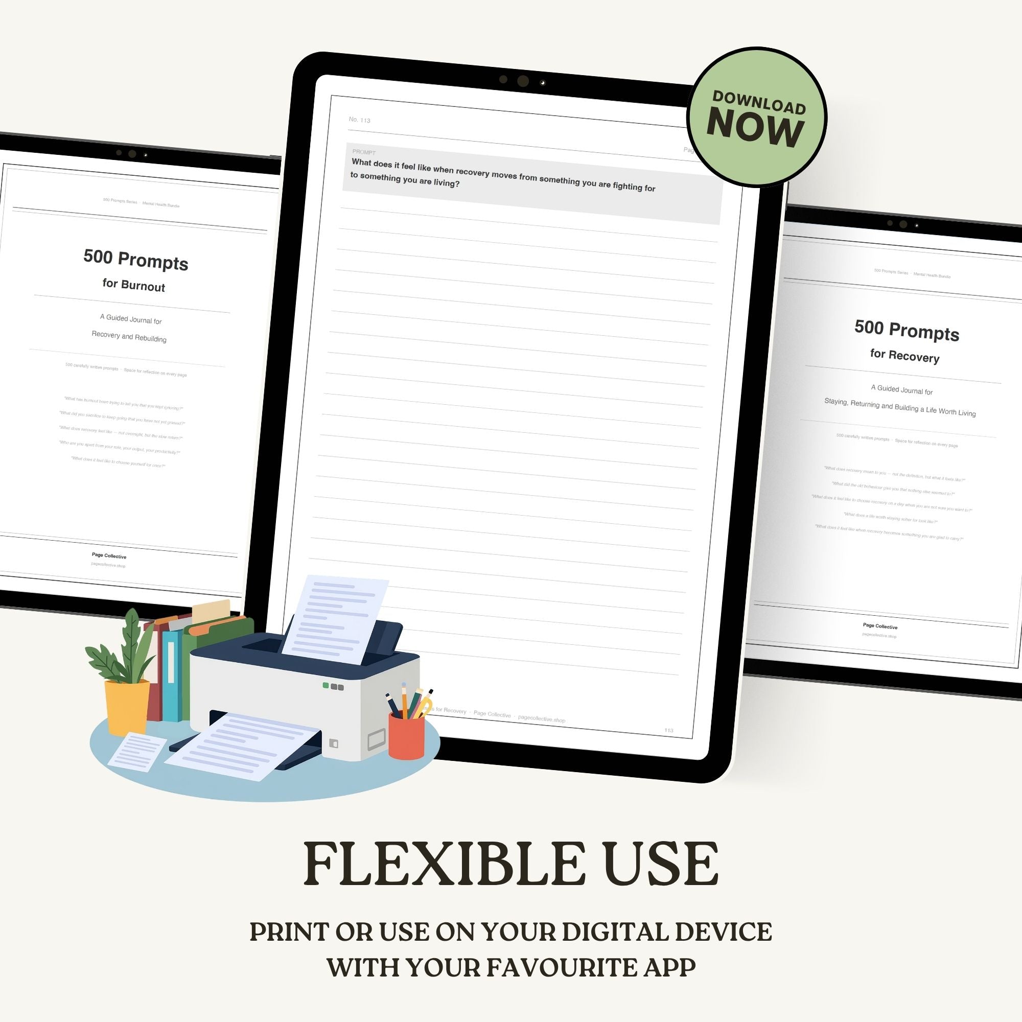Digital product with text '500 Prompts for Self-Worth' displayed on a tablet, with a printer and stationery items below.
