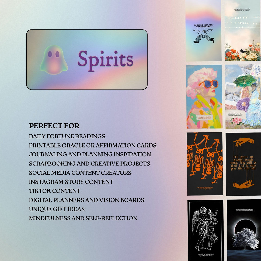 Promotional graphic for 'Spirits' products with text and images of cards or prints.