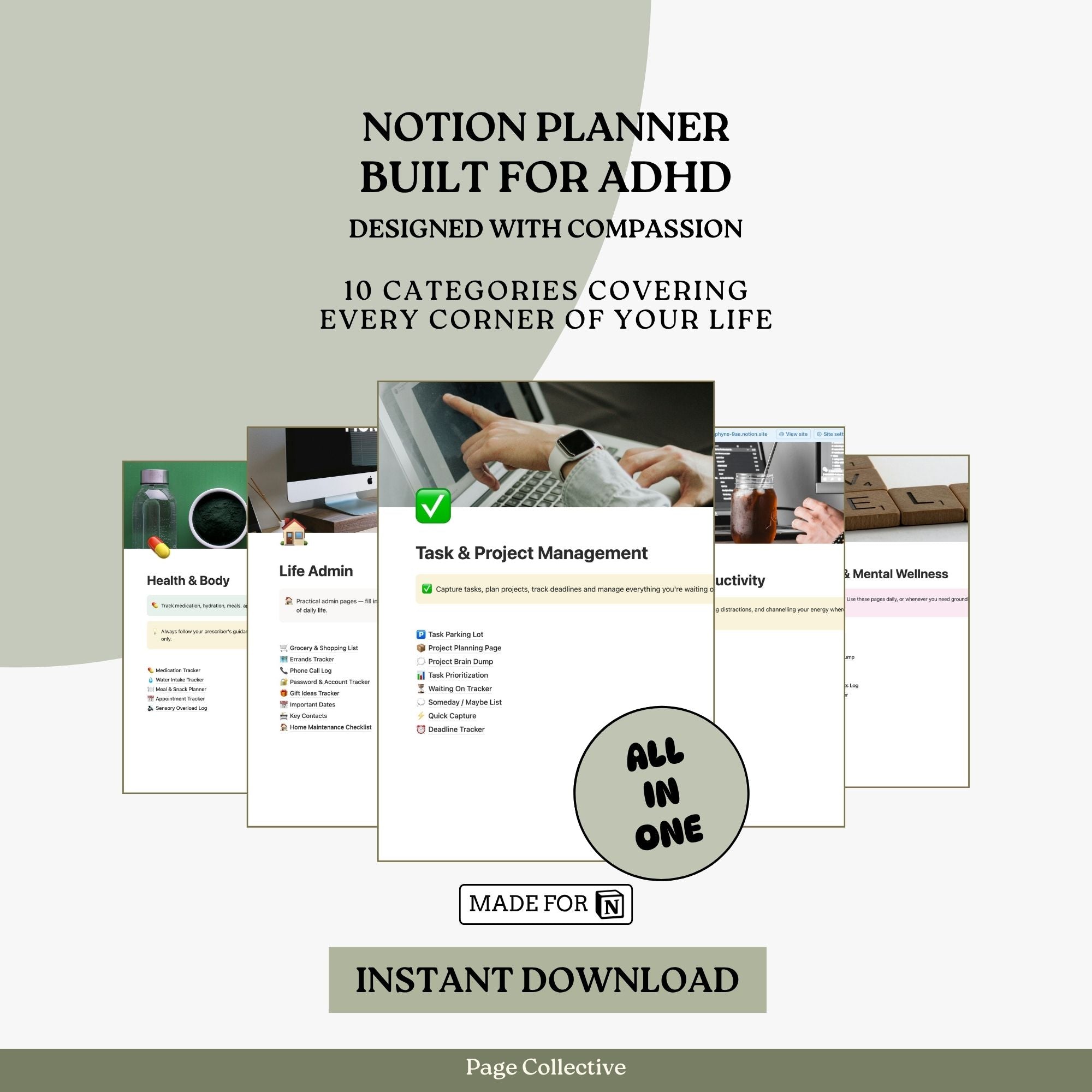 Promotional graphic for a Notion planner designed for ADHD, featuring text and images of a planner layout.