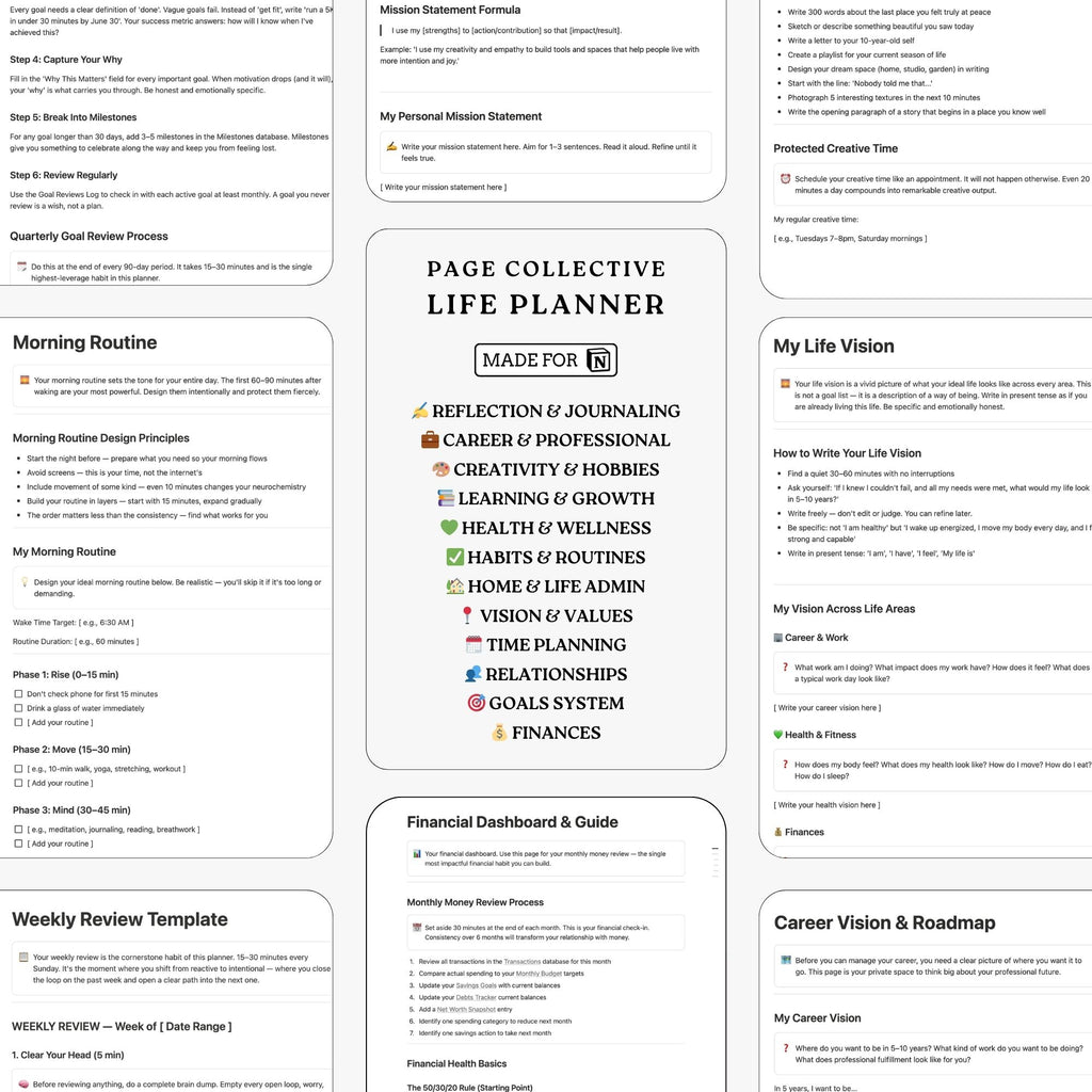 Life planner with various sections on a white background