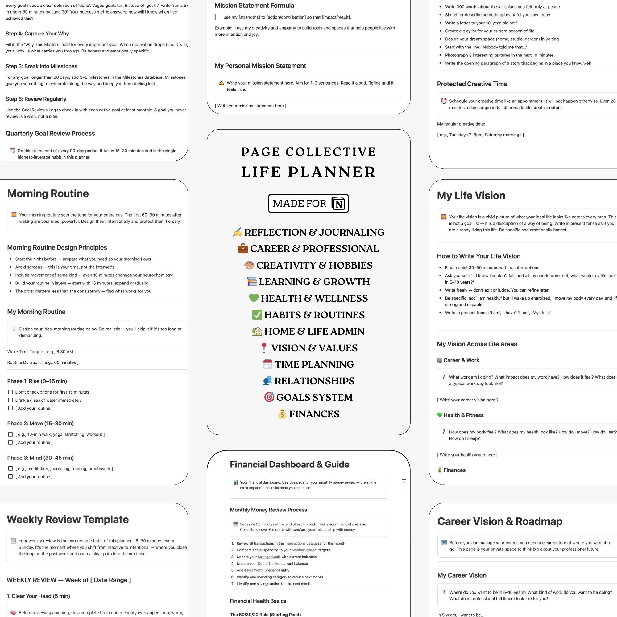 Life planner with various sections on a white background