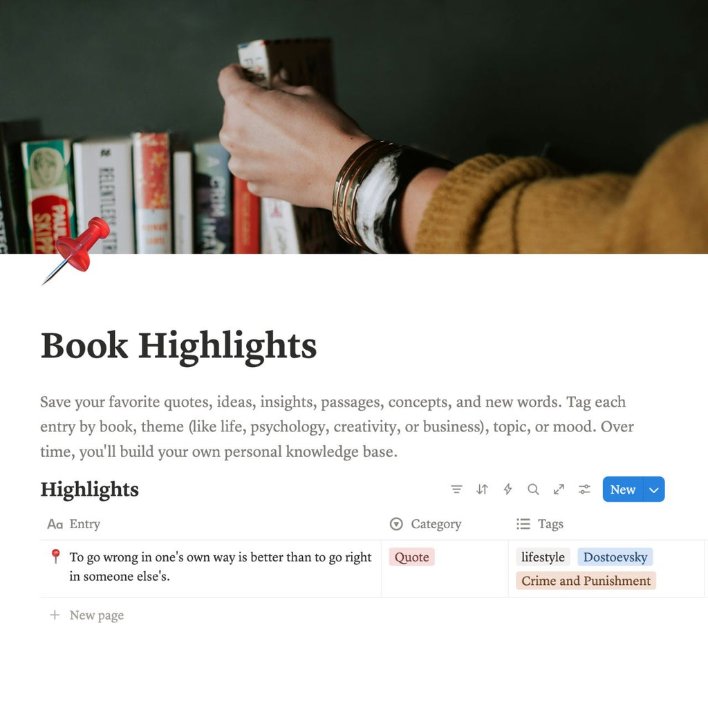 Hand holding a book with a background of books, featuring a digital interface for book highlights.