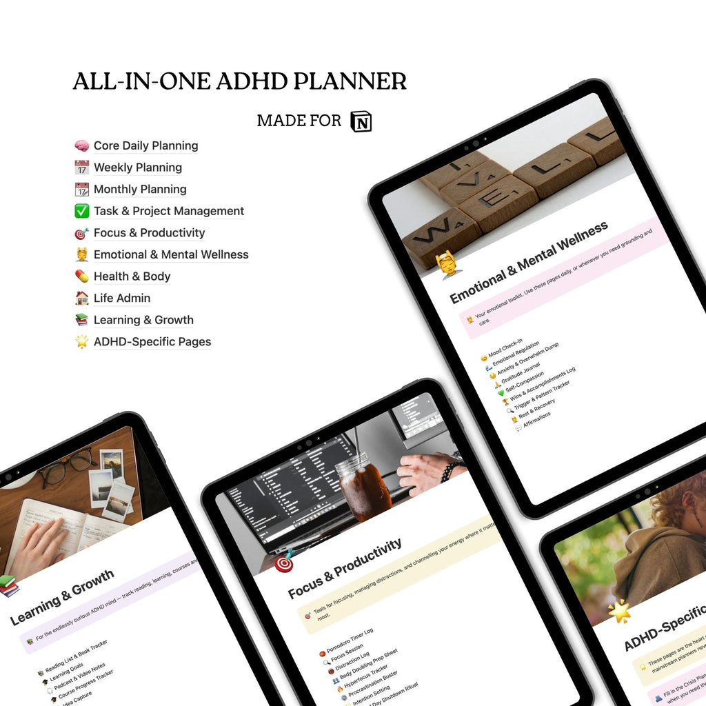 All-in-one ADHD planner displayed on multiple tablets with a focus on productivity and mental wellness.