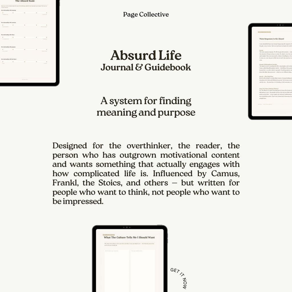 Promotional graphic for 'Absurd Life' Journal & Guidebook by Page Collective, featuring text and minimal design.