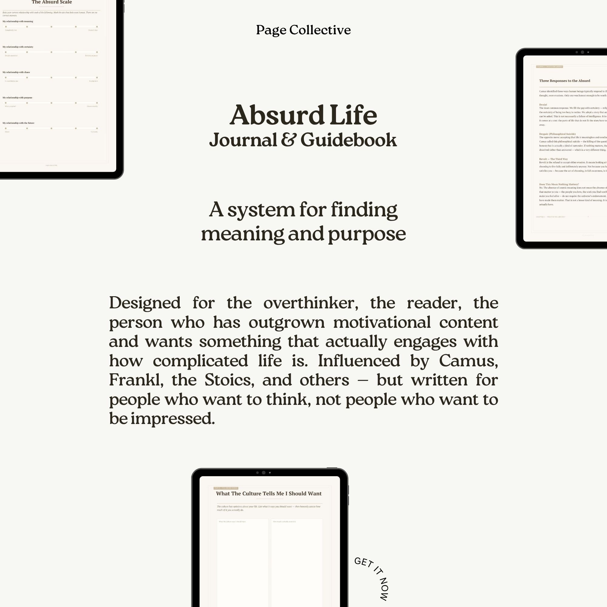 Promotional graphic for 'Absurd Life' Journal & Guidebook by Page Collective, featuring text and minimal design.