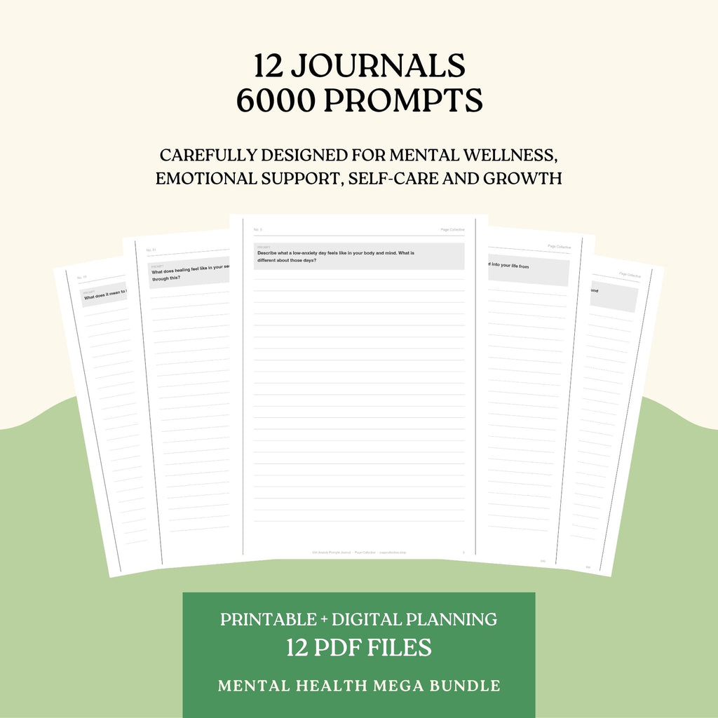 Mental health journal set with 12 journals and 6000 prompts on a light beige and green background.
