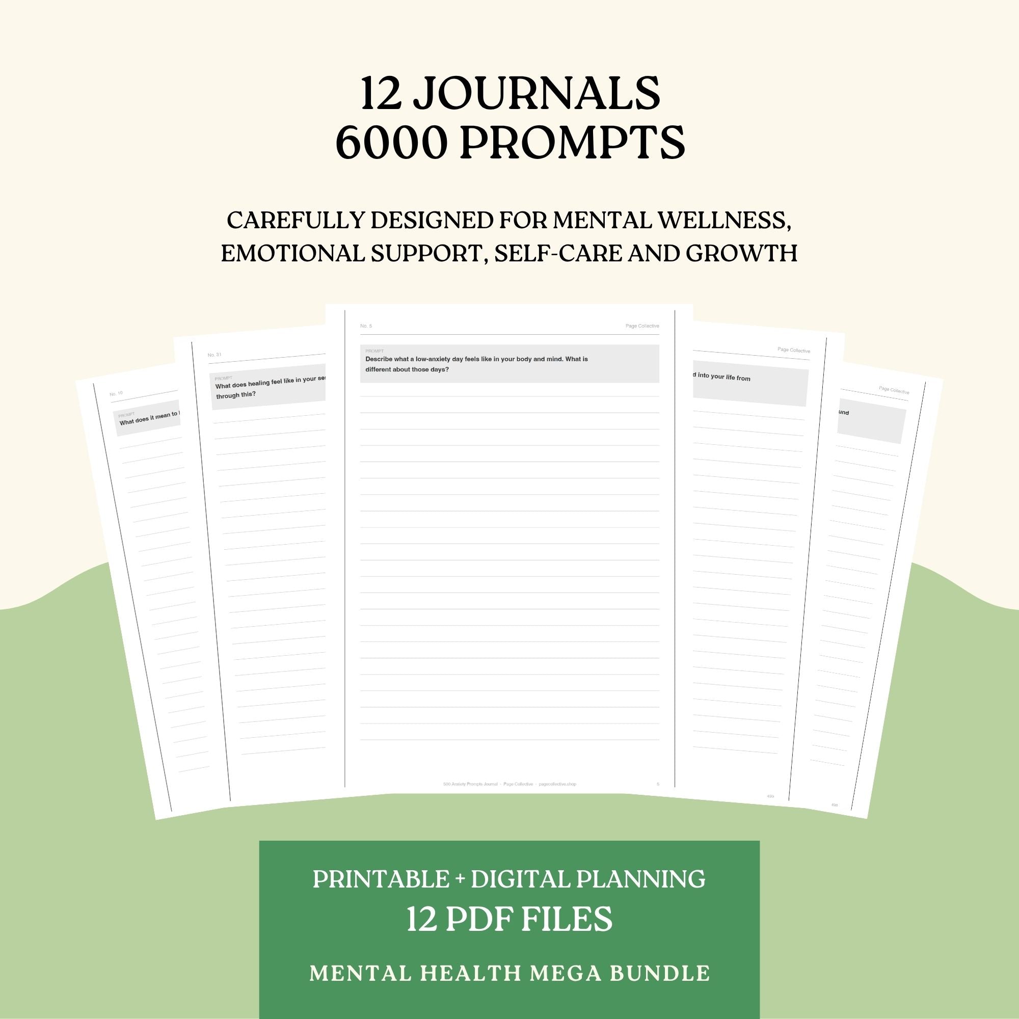 Mental health journal set with 12 journals and 6000 prompts on a light beige and green background.